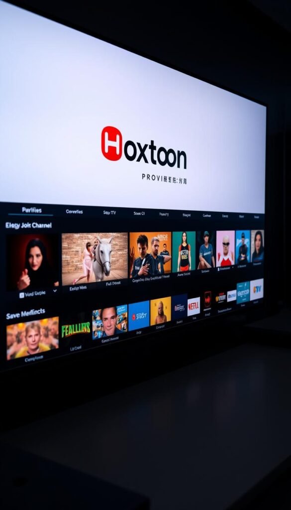 A high-quality IPTV channel lineup displayed on a sleek, minimalist interface with the Hoxtoon Provider brand prominently featured. The channels are organized into intuitive categories, with vibrant thumbnails and clear metadata. The layout is clean and uncluttered, with a dark, moody color palette that sets a premium tone. Soft, directional lighting illuminates the screen, creating depth and dimension. The camera angle is slightly elevated, providing an immersive perspective that draws the viewer in. The overall atmosphere conveys a sense of advanced, powerful IPTV capabilities tailored for discerning users.