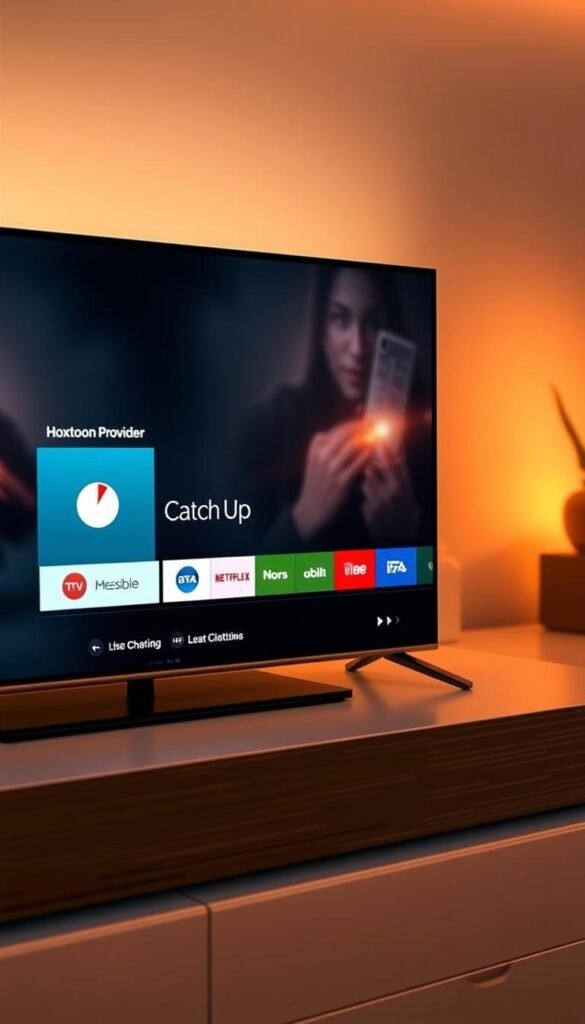 A high-quality IPTV player interface with a prominent "Catch Up" feature, set against a modern, minimalist backdrop. The player's display showcases a clean, intuitive layout with sharp graphics and a subtle Hoxtoon Provider branding. The scene is illuminated by warm, balanced lighting that accentuates the sleek, premium design of the device. The overall atmosphere conveys a sense of technological sophistication and user-friendly convenience, suitable for a legal IPTV service in the USA.