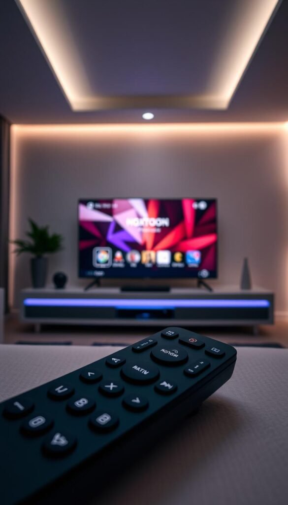 A high-quality IPTV premium subscription service presented in a modern, minimalist style. In the foreground, a sleek remote control with intuitive controls and the Hoxtoon Provider logo prominently displayed. In the middle ground, a state-of-the-art streaming device, perhaps a set-top box or smart TV, showcasing a vibrant and visually appealing user interface. The background features a clean, dimly lit interior, with subtle lighting accents that create a sense of sophistication and exclusivity. The overall atmosphere is one of technological advancement, convenience, and premium entertainment experience.