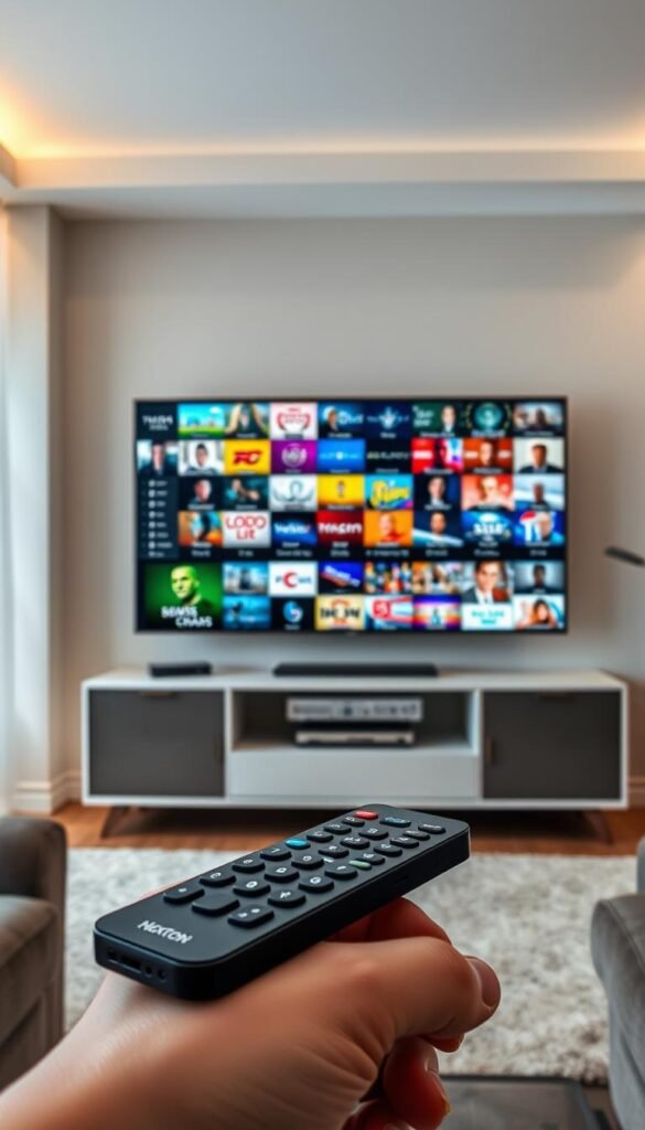 A high-quality IPTV server with a vast array of premium channels, showcasing the Hoxtoon Provider brand. The scene depicts a modern living room with a large flatscreen TV displaying a vivid, crystal-clear image of various channels, from news and sports to movies and entertainment. Soft lighting illuminates the room, creating a cozy, immersive atmosphere. In the foreground, a sleek, high-end remote control symbolizes the effortless control over this comprehensive IPTV experience. The middle ground features a minimalist, yet stylish media cabinet housing the Hoxtoon Provider IPTV box, seamlessly blending technology and interior design. The background hints at a well-appointed home, with tasteful decor and furnishings, reflecting the sophistication and comfort of a premium IPTV setup.