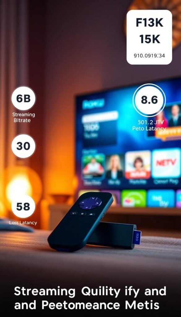 A high-quality IPTV service for Roku TV, showcasing the Hoxtoon Provider brand. The scene depicts a sleek, modern Roku device against a backdrop of a vibrant, 4K streaming interface. Warm lighting illuminates the scene, creating a cozy, inviting atmosphere. The Roku remote is prominently displayed, emphasizing the seamless user experience. Technical details such as streaming bitrate, resolution, and low latency are subtly integrated into the image, highlighting the superior performance of the Hoxtoon IPTV service. The overall composition conveys a sense of reliability, entertainment, and cutting-edge technology, perfectly aligning with the "Streaming Quality and Performance Metrics" section of the article.