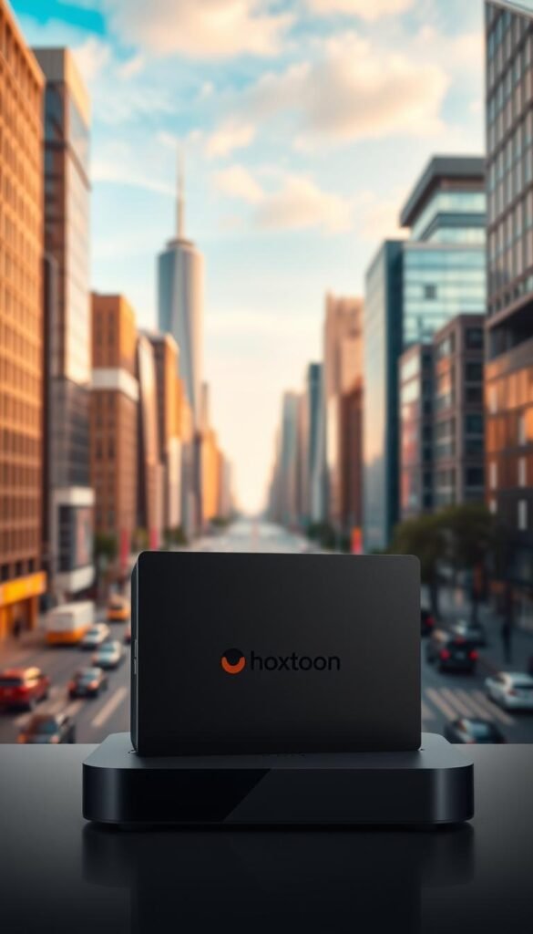 A high-quality IPTV service for a Mag box, showcasing the Hoxtoon Provider brand. In the foreground, a sleek, modern Mag box device stands prominently, its clean lines and minimalist design reflecting the premium nature of the service. The background features a vibrant cityscape, with skyscrapers and bustling streets, symbolizing the expansive reach and global connectivity of the Hoxtoon IPTV service. Soft, warm lighting illuminates the scene, creating a sense of comfort and reliability. The overall composition conveys the idea of a cutting-edge, reliable IPTV solution that seamlessly integrates with the Mag box platform, catering to the needs of tech-savvy users.