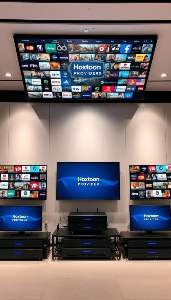 A high-quality IPTV service in a modern, sleek setting. A massive library of over 21,000 live TV channels and 150,000 on-demand titles is showcased on multiple high-definition displays, all branded with the Hoxtoon Provider logo. Soft, even lighting illuminates the setup, creating a professional, premium atmosphere. The arrangement features state-of-the-art streaming hardware, conveying the cutting-edge technology powering this expansive content library. The overall scene radiates a sense of unlimited entertainment and unparalleled viewing options for the discerning IPTV subscriber.