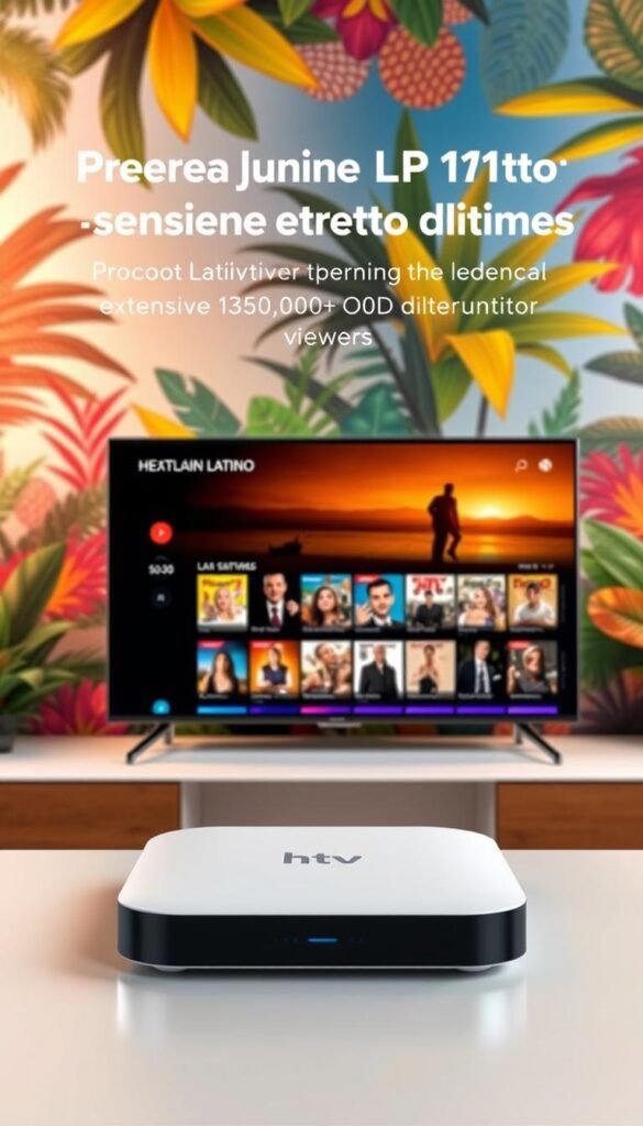 A high-quality IPTV service offering a premium Latino entertainment experience. In the foreground, a sleek, modern IPTV device with a clean, minimalist design. The device is showcased against a backdrop of vibrant, colorful Latin American-inspired imagery, including lush tropical foliage, vibrant patterns, and warm, sunset-inspired lighting. In the middle ground, a selection of popular Latin American TV shows and movies from the Hoxtoon Provider's extensive 150,000+ VOD collection, displayed on a high-resolution display. The overall atmosphere conveys a sense of immersive, on-demand entertainment tailored for the discerning Latino viewer.