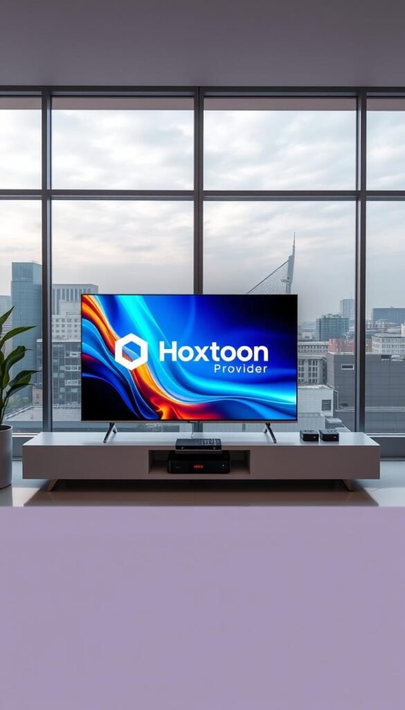 A high-quality IPTV service, showcased through a sleek and modern-looking entertainment hub. In the foreground, a large flatscreen TV displays a vibrant, high-definition image, with the Hoxtoon Provider logo prominently featured. The middle ground features a minimalist entertainment console, housing various media devices and streaming boxes. The background showcases a contemporary living room setting, with floor-to-ceiling windows providing ample natural lighting and a serene, urban landscape visible outside. The overall scene conveys a sense of premium quality, technological sophistication, and the transformative power of IPTV in revolutionizing the way we consume entertainment.