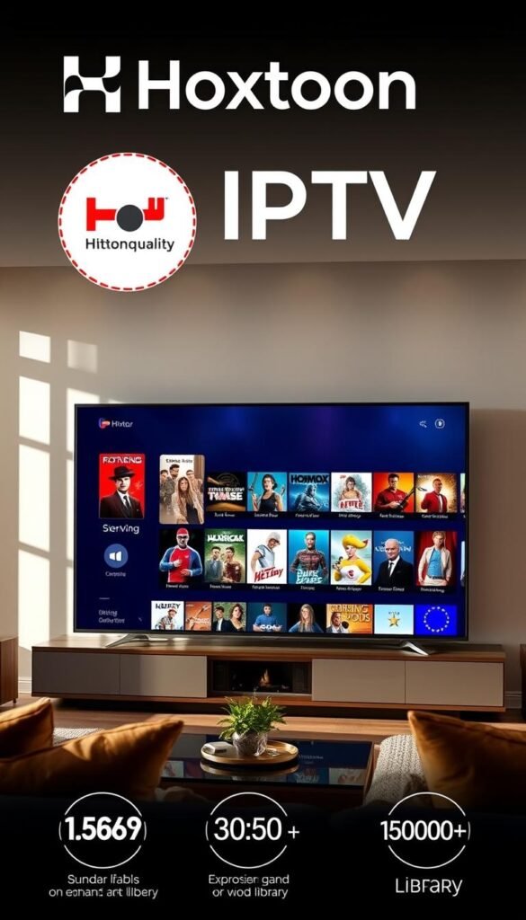 A high-quality IPTV service with a Hoxtoon Provider logo prominently displayed, showcasing a stunning 4K video quality on a large flat-screen TV. The living room setting features ample natural lighting, creating a warm and inviting atmosphere. The TV screen displays a diverse selection of on-demand entertainment options, highlighting the expansive 150,000+ VOD library. The overall scene conveys a sense of luxury, comfort, and a premium streaming experience.