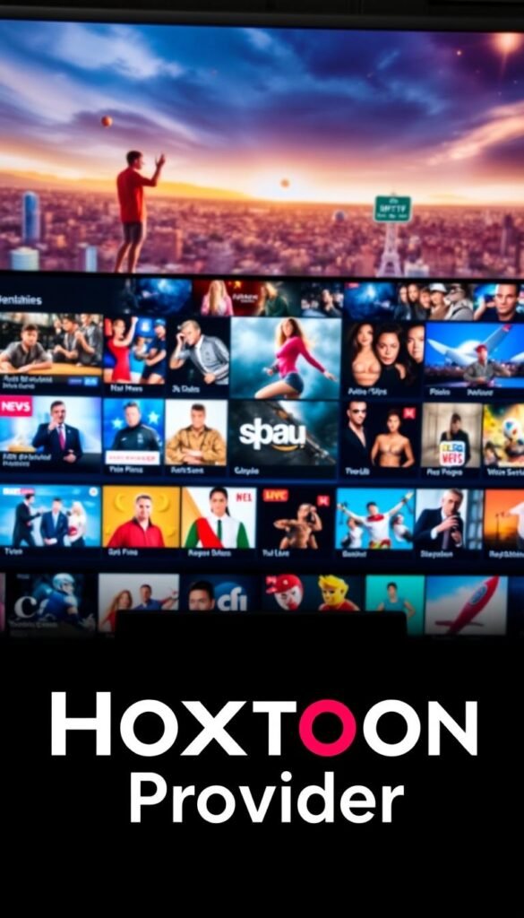 A high-quality IPTV service with a sleek and modern user interface, showcasing a wide range of premium channels. In the foreground, the Hoxtoon Provider logo is prominently displayed, indicating a premium IPTV offering. The middle ground features a selection of diverse TV channels, from live news and sports to the latest movies and TV shows. The background is a vibrant, cinematic scene, capturing the immersive and engaging nature of the IPTV experience. Lighting is soft and warm, creating a cozy and inviting atmosphere. The overall composition conveys the future of television entertainment, where premium content and seamless user experience converge.