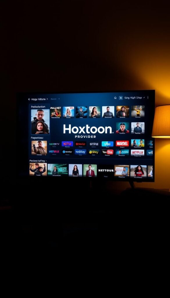 A high-quality IPTV service with a vast collection of live TV channels, movies, and TV shows, featuring the Hoxtoon Provider brand. The image should depict a sleek, modern interface with a focus on the Hoxtoon logo, surrounded by various content thumbnails and icons, conveying the idea of a comprehensive and user-friendly IPTV experience. Set the scene in a dimly lit room, with warm lighting from a nearby lamp highlighting the display, creating a cozy and inviting atmosphere. Capture the image from a slightly elevated angle, giving a sense of depth and emphasizing the visual appeal of the IPTV platform.