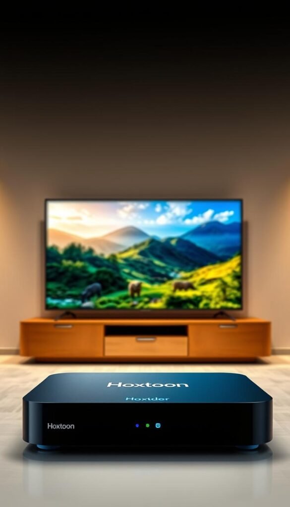 A high-quality IPTV service with crystal-clear video, rich colors, and smooth playback. In the foreground, a sleek, modern IPTV set-top box with the Hoxtoon Provider logo prominently displayed. In the middle ground, a vibrant, high-definition TV screen showcasing a nature documentary with lush, verdant landscapes and dynamic wildlife. In the background, a minimalist, well-lit living room setting, creating a sense of comfort and immersion. The lighting is soft and warm, enhancing the premium, cinematic atmosphere. The overall composition conveys the benefits of using a premium IPTV service like Hoxtoon Provider for an unparalleled viewing experience.