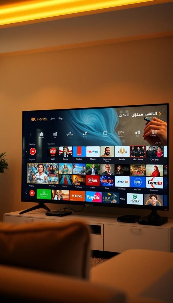 A high-quality IPTV service with the Hoxtoon Provider brand, showcasing a well-designed user interface on a large 4K television screen. The screen displays a wide selection of Arabic channels with sharp, vibrant imagery and stable, uninterrupted playback. The scene is bathed in warm, diffused lighting, creating a cozy, inviting atmosphere for a seamless home entertainment experience. The television is positioned prominently in a modern living room setting, reflecting the reliable and premium nature of the Hoxtoon IPTV service.
