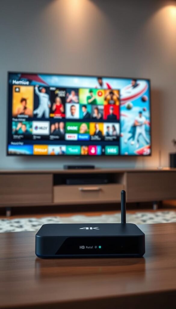 A high-quality IPTV setup with the Hoxtoon Provider, showcasing a sleek and modern entertainment system. In the foreground, a 4K smart TV displays a vibrant array of premium channels, effortlessly streaming live content. The middle ground features a compact yet powerful IPTV box, seamlessly integrating with a robust Wi-Fi network. In the background, a minimalist home entertainment unit provides a clean and organized look, complemented by subtle lighting that sets a cozy, cinematic atmosphere. The overall scene conveys a sense of effortless, high-performance streaming for a premium entertainment experience.