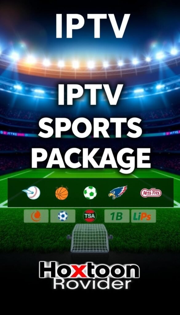 A high-quality IPTV sports package with a sleek, modern layout. The foreground features a large, bold "IPTV Sports Package" title, conveying the core offering. The middle ground showcases various sports icons and logos, such as football, basketball, baseball, and soccer, highlighting the breadth of content. The background depicts a vibrant, stadium-like atmosphere with dynamic lighting and a sense of energy, reflecting the excitement of live sports. The overall composition is clean, well-balanced, and visually appealing. In the bottom right corner, the "Hoxtoon Provider" brand is prominently displayed, emphasizing the source of this comprehensive sports streaming solution.