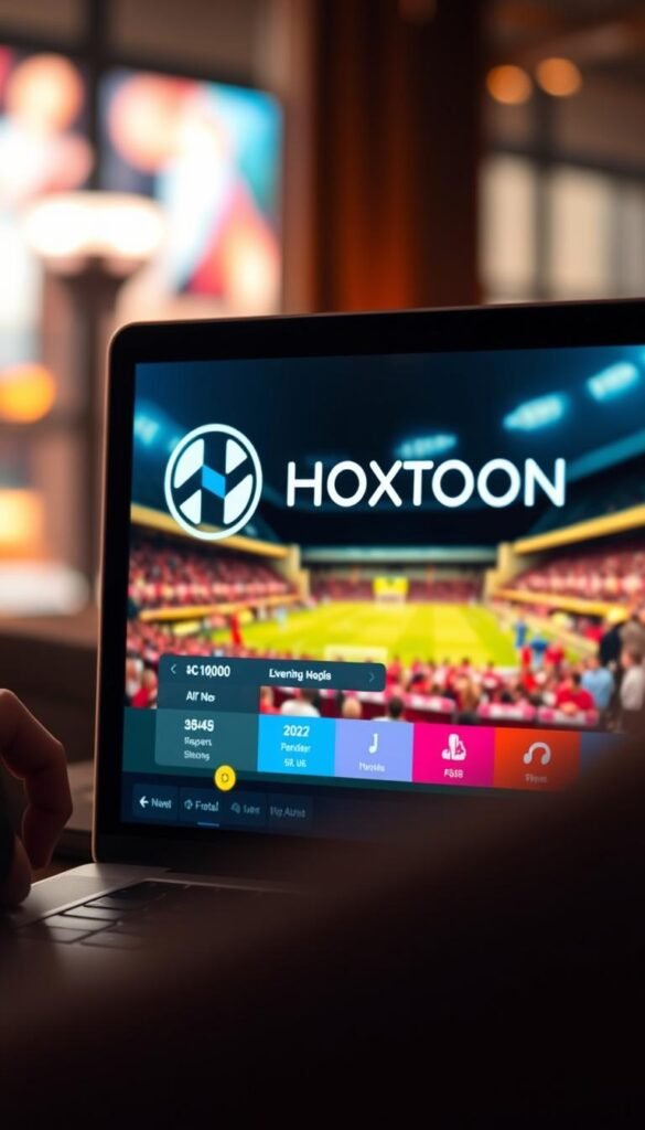 A high-quality IPTV stream with smooth, sharp video and clear, crisp audio, captured in a stylized, cinematic shot. A laptop or smart TV screen displays the Hoxtoon Provider logo and interface, bathed in warm lighting that creates a cozy, immersive atmosphere. The background features blurred, out-of-focus cityscape elements, suggesting a modern, urban setting. The overall composition conveys a sense of reliable, premium IPTV service for sports enthusiasts.