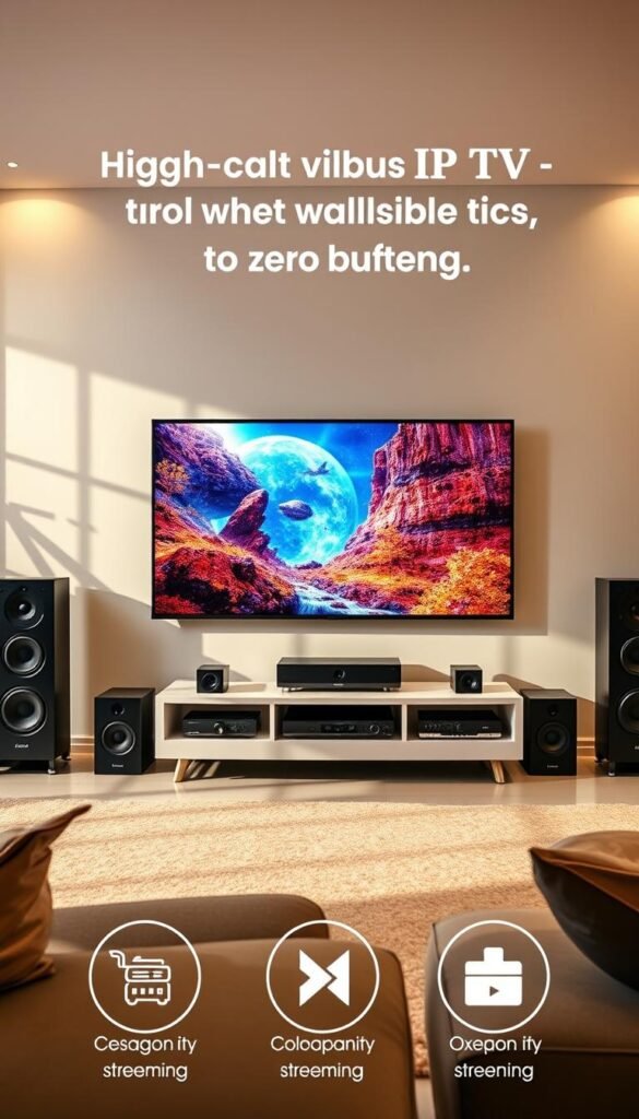 A high-quality IPTV streaming experience with Hoxtoon Provider. A sleek and modern interface displays sharp, vibrant 4K HDR video with zero buffering. The scene depicts a living room setup with a large flat-screen TV, surrounded by premium audio equipment and soft lighting. The television screen showcases a crisp, detailed image with rich colors and deep blacks, immersing the viewer in a cinematic viewing experience. The room has a cozy, relaxed atmosphere, reflecting the reliable and seamless streaming provided by Hoxtoon.