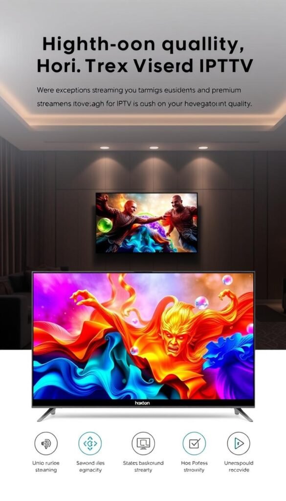 A high-quality IPTV streaming experience with Hoxtoon Provider. In the foreground, a sleek and modern smart TV displaying crystal-clear video with vibrant colors and sharp details. The middle ground features a minimalist, user-friendly interface with intuitive navigation, highlighting Hoxtoon's seamless streaming performance. In the background, a dimly lit living room setting, with subtle ambient lighting accentuating the immersive viewing atmosphere. The overall scene conveys a sense of premium entertainment, where technology and design converge to deliver an exceptional streaming quality.