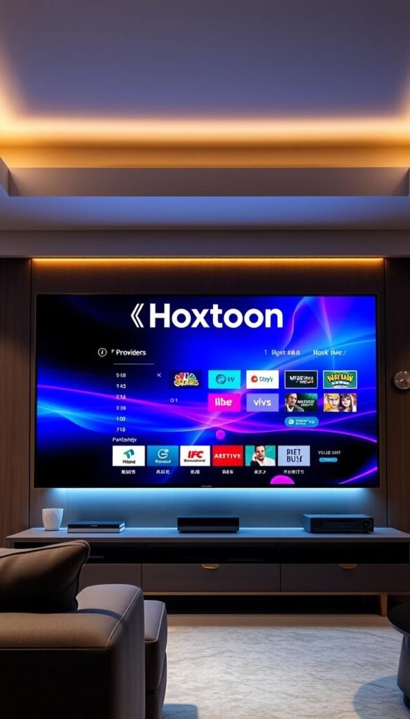 A high-quality IPTV streaming experience with a vibrant, crystal-clear display. A sleek, modern living room setting showcases the Hoxtoon Provider interface on a large, immersive television screen. Soft, directional lighting illuminates the scene, highlighting the crisp, detailed visuals and the seamless integration of the Hoxtoon system. The background features a subtle, elegant room decor, complementing the technological focus. Prominent in the frame is the Hoxtoon logo, signifying the premium streaming quality and reliability of the service. The overall atmosphere conveys a sense of high-end, sophisticated entertainment.