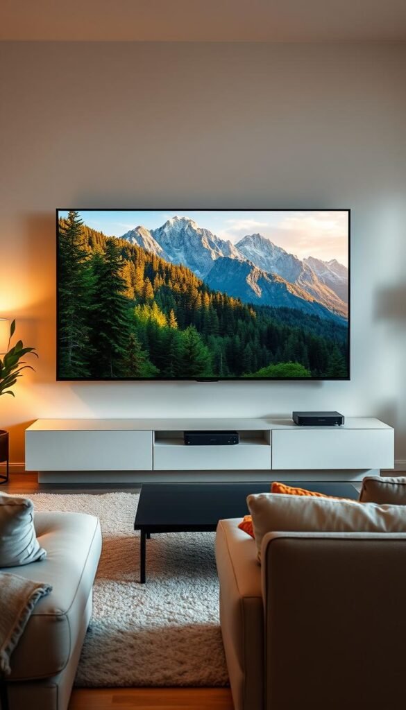 A high-quality IPTV streaming experience with the Hoxtoon Provider: a modern living room with a large flat-screen TV, showcasing vibrant, detailed visuals of a nature documentary playing in 4K HDR. Soft, warm lighting creates a cozy atmosphere, while advanced streaming hardware discretely blends into the minimalist, contemporary decor. The TV screen displays crystal-clear imagery of lush, verdant forests and majestic mountain landscapes, immersing the viewer in the natural world. Sleek, high-end entertainment system components and seamless user interface hint at the powerful performance and reliability of the Hoxtoon IPTV service.