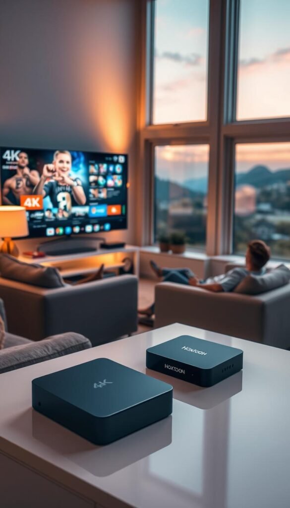 A high-quality IPTV streaming experience with the Hoxtoon Provider. A cozy living room setting, with a large 4K TV displaying vibrant, high-definition content. The room is illuminated by warm, soft lighting, creating a relaxing atmosphere. In the foreground, a person comfortably lounging on a plush sofa, remote in hand, engrossed in the captivating on-screen entertainment. The middle ground features a sleek, modern media console housing the Hoxtoon IPTV set-top box, conveying a sense of advanced technology. The background showcases large windows, offering a scenic view of a tranquil, natural landscape, suggesting a peaceful, immersive viewing experience.