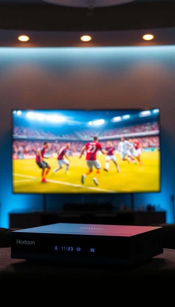 A high-quality IPTV streaming experience with vibrant colors, sharp details, and smooth motion. A Hoxtoon Provider device sits prominently in the foreground, its sleek design and LED indicators conveying technical prowess. In the middle ground, a large screen displays a live sports event, the players' movements captured with cinematic clarity. The background is dimly lit, placing the focus on the screen and the Hoxtoon device, creating a sense of immersion and premium quality. Soft lighting from above casts a warm glow, enhancing the overall atmosphere of a premium viewing experience.