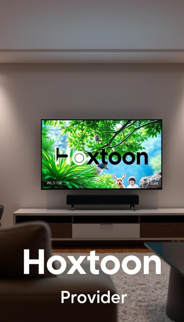 A high-quality IPTV streaming scene with the Hoxtoon Provider logo prominently displayed. A modern, sleek television screen shows a clear, vibrant picture of a nature documentary playing, with lush green foliage and colorful wildlife. The screen is set against a minimalist, contemporary living room backdrop, with soft, indirect lighting illuminating the space. The composition emphasizes the superior streaming performance and visual fidelity of the Hoxtoon IPTV service, conveying a sense of immersion and entertainment.