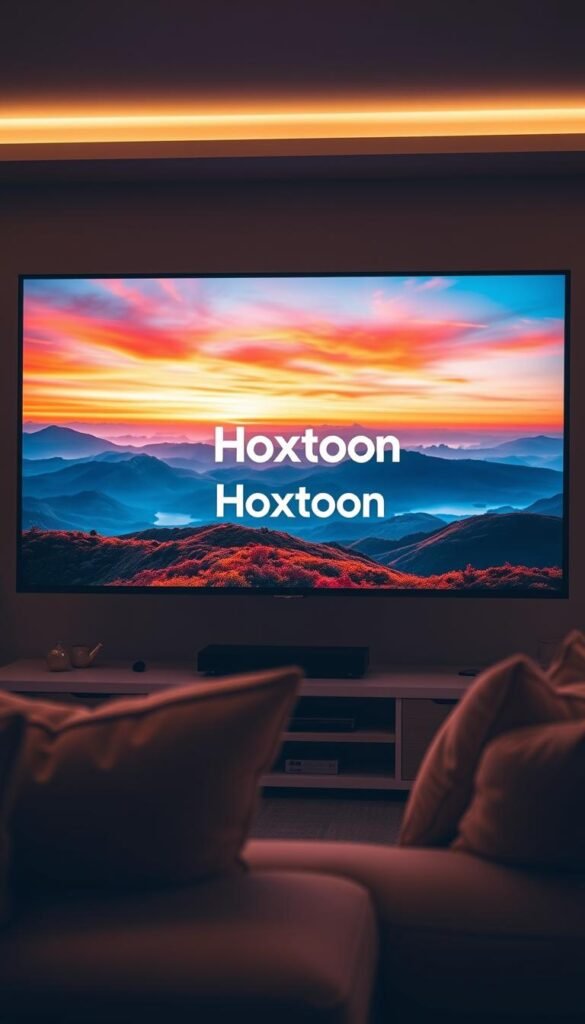 A high-quality IPTV streaming service featuring a vibrant and vivid display, with crisp visuals and smooth playback. The scene depicts a living room setup, with a large flat-screen TV displaying a stunning landscape, the Hoxtoon Provider logo prominently displayed. Soft, warm lighting illuminates the room, creating a cozy and immersive atmosphere. The camera angle showcases the TV's display, highlighting the exceptional resolution, color accuracy, and dynamic range. The overall composition conveys a sense of technological sophistication and the promise of an exceptional IPTV viewing experience.