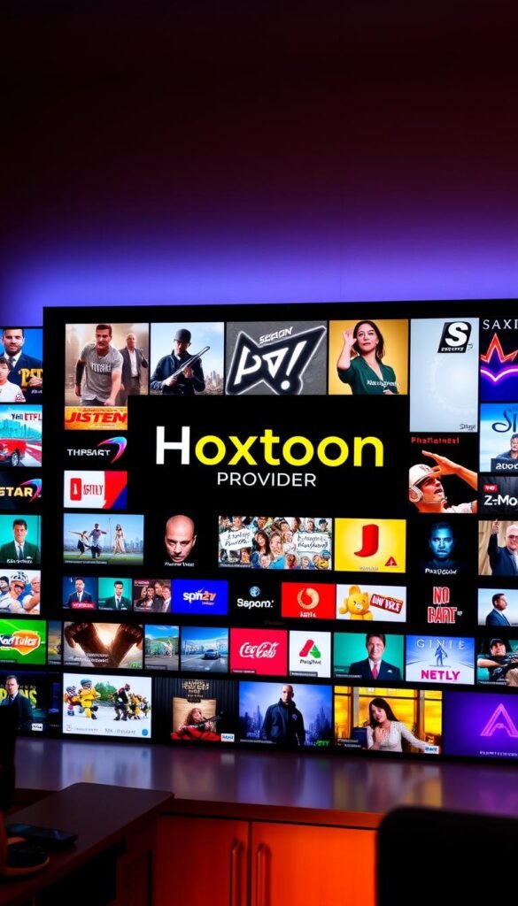 A high-quality IPTV streaming service with a diverse array of channels, showcased on a sleek, modern display. The Hoxtoon Provider logo prominently features, surrounded by a vibrant interface with thumbnail previews of various live channels, ranging from sports and news to movies and entertainment. The scene is bathed in a warm, cinematic lighting, creating a sense of premium, immersive viewing experience. The overall composition conveys the growing popularity and sophistication of IPTV services, catering to the evolving needs of modern media consumers.