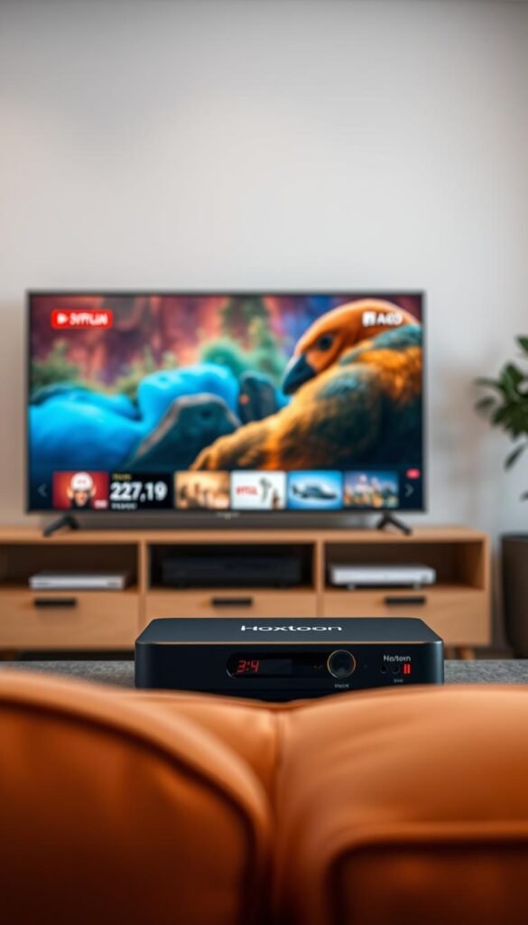 A high-quality IPTV streaming service with modern technical specifications. In the foreground, a sleek smart TV displaying vivid, high-definition video with crisp details and vibrant colors. The middle ground features a Hoxtoon Provider set-top box, its minimalist design complementing the room's contemporary decor. In the background, a fluid, seamless network connection symbolizes the reliable, low-latency infrastructure powering the streaming experience. Soft, diffused lighting creates a warm, inviting atmosphere, while strategic camera angles emphasize the technical prowess and user-friendly interface of this cutting-edge IPTV solution.