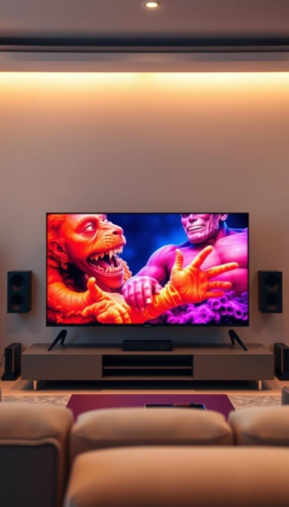 A high-quality IPTV streaming setup featuring a sleek, minimalist living room setup. In the foreground, a 4K HDR television displays vibrant, high-definition content from the Hoxtoon Provider service. Soft, indirect lighting creates a cozy, cinematic atmosphere. In the middle ground, a modern media center houses the IPTV streaming device, blending seamlessly into the room's decor. The background showcases a warm, inviting space with subtle design elements that complement the overall aesthetic. The entire scene conveys the technical capabilities and premium user experience of the Hoxtoon Provider IPTV service.