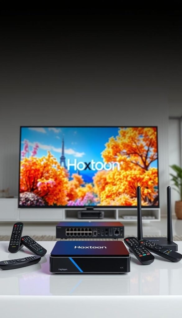 A high-quality IPTV streaming setup featuring the Hoxtoon Provider brand. In the foreground, a flat-screen TV displays vibrant, crystal-clear 4K video with a wide color gamut. Surrounding the TV, various streaming devices like a sleek set-top box and modern remote controls. In the middle ground, a network switch and router provide a reliable, high-speed internet connection. The background showcases a minimalist, well-lit living room with large windows, allowing natural light to enhance the visual experience. The overall mood is one of technological sophistication, entertainment, and seamless home entertainment.