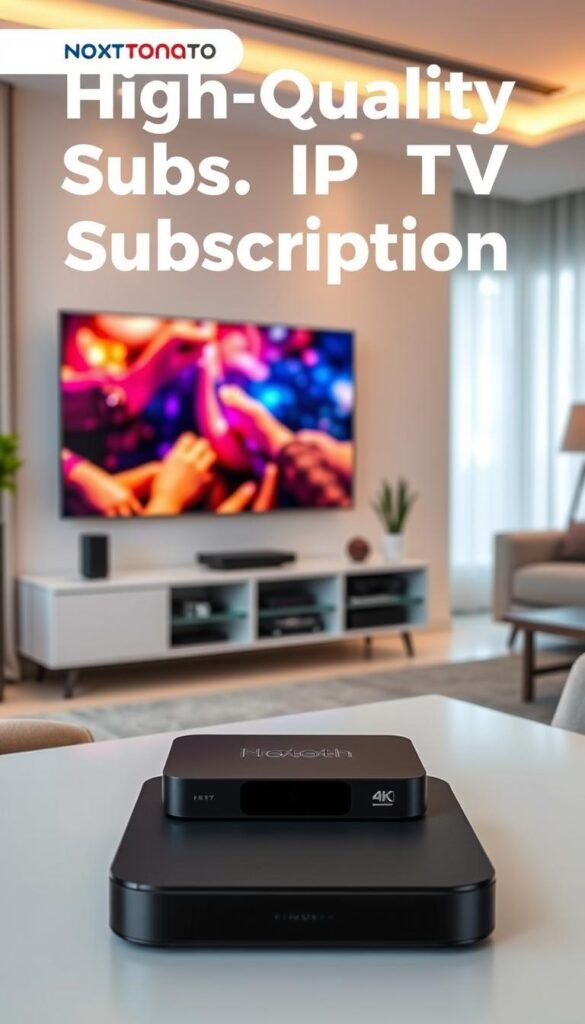 A high-quality IPTV subscription service from Hoxtoon Provider, showcased in a sleek and modern setting. In the foreground, a smart TV displays a vibrant, 4K video stream, highlighting the service's visual fidelity. The middle ground features a minimalist, contemporary entertainment center, with a streaming box and remote control, symbolizing the convenience of the IPTV subscription. The background depicts a cozy, well-lit living room, conveying a comfortable, immersive viewing experience. The scene is illuminated by soft, natural lighting, creating a warm and inviting atmosphere. The overall composition emphasizes the reliability, performance, and user-friendliness of the Hoxtoon Provider IPTV subscription service.