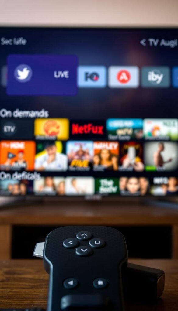 A high-quality Roku IPTV app interface displayed on a sleek, modern TV screen. The app's user experience is intuitive, with a clean, minimalist design and clear, organized content categories. In the foreground, the Hoxtoon Provider logo stands out prominently, conveying a sense of reliability and professionalism. The middle ground features a grid of popular live TV channels and on-demand content, with vibrant, high-definition imagery. The background is softly blurred, creating a sense of depth and focus on the app's features. The overall scene is well-lit, with warm, natural tones that evoke a cozy, inviting atmosphere for the viewer.