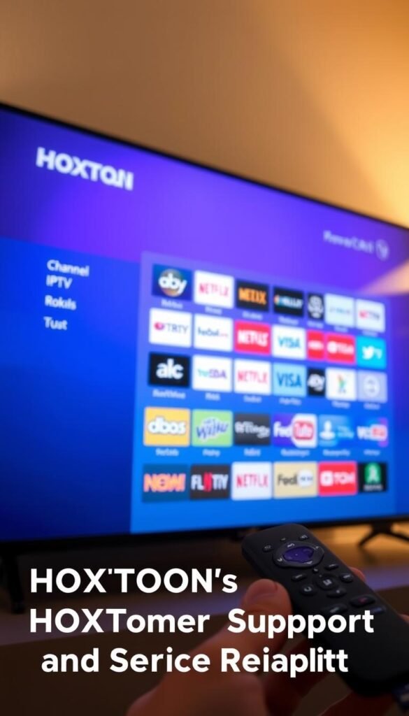 A high-quality Roku TV displaying the sleek and modern HOXTOON IPTV provider interface, showcasing its comprehensive channel selection and user-friendly navigation. The screen is illuminated by warm, gentle lighting, creating a comfortable and inviting atmosphere. The Roku remote is prominently featured, emphasizing the seamless integration between the device and the HOXTOON IPTV subscription service. The overall scene conveys a sense of reliability, trust, and exceptional customer support, aligning with the section title "HOXTOON's Customer Support and Service Reliability".