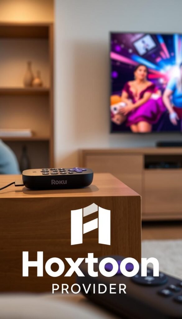A high-quality Roku TV streaming device resting on a modern, minimalist wood-paneled entertainment unit. Soft, diffused lighting illuminates the scene, casting a warm glow. In the foreground, the Hoxtoon Provider logo is prominently displayed, conveying the brand's premium IPTV service for Roku users. The middle ground features a Roku remote control, emphasizing the seamless integration between the streaming device and the IPTV subscription. The background showcases a living room setting, with a large, high-definition television screen displaying vibrant, crystal-clear content, reflecting the exceptional image quality of the Hoxtoon IPTV service.
