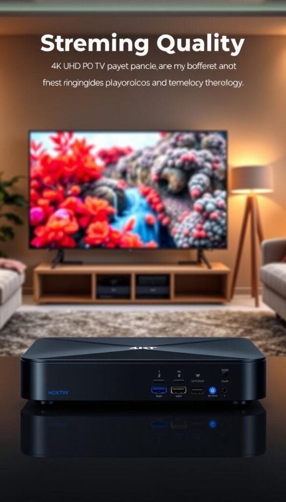 A high-quality, cinematic image depicting the streaming quality and performance features of the Hoxtoon Provider IPTV service. In the foreground, a 4K UHD smart TV displays crystal-clear, vibrant video playback with no buffering or artifacts. The middle ground shows a sleek, modern IPTV set-top box with multiple connection ports, reflecting the advanced technology powering the service. In the background, a cozy living room setting with plush furniture and warm lighting creates a comfortable, immersive viewing experience. The overall mood is one of premium quality, reliability, and attention to detail that the Hoxtoon Provider IPTV subscription delivers.