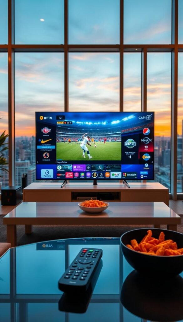 A high-quality, cinematic image of a home entertainment setup showcasing a variety of IPTV sports channels on a large flatscreen TV. The scene has warm, inviting lighting and a modern, minimalist decor with a Hoxtoon Provider logo prominently displayed. In the foreground, a remote control and a bowl of snacks sit on a sleek, glass coffee table. In the middle ground, the TV displays a dynamic live sports event with colorful graphics and logos. The background features large windows overlooking a cityscape at sunset, creating a cozy, immersive atmosphere for the sports enthusiast.