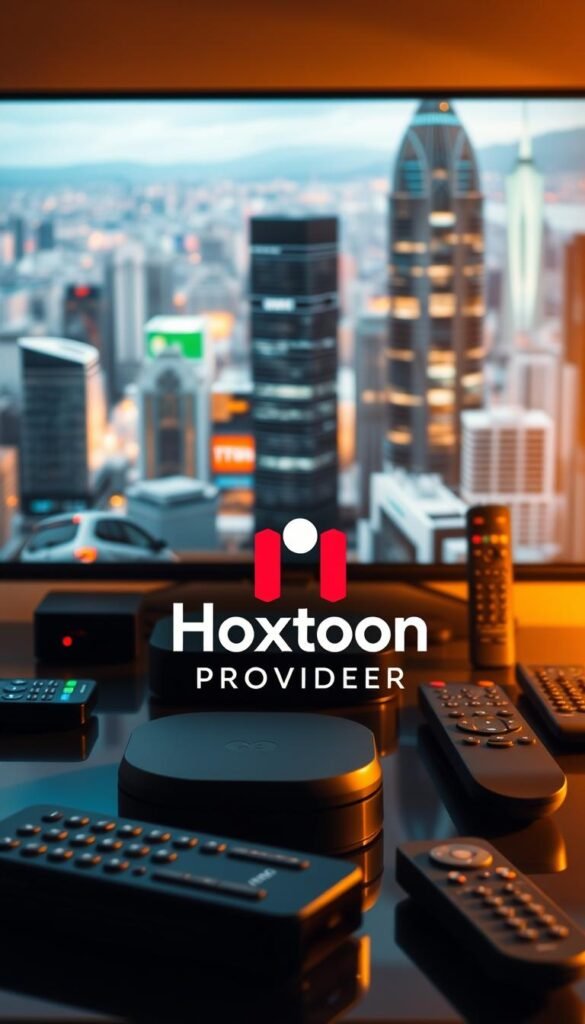 A high-quality, cinematic image of the "Hoxtoon Provider" IPTV service. A prominent brand logo is displayed in the foreground, showcasing the service's name and identity. The middle ground features various streaming devices and remote controls, highlighting the service's compatibility across multiple platforms. The background depicts a vibrant cityscape, alluding to the service's widespread availability and accessibility. The lighting is soft and warm, creating a welcoming and premium atmosphere. The camera angle is slightly elevated, conveying a sense of professionalism and authority. The overall composition and visual elements effectively communicate the service's premier status and comprehensive offerings.