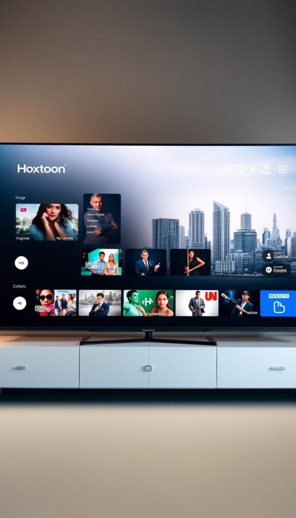 A high-quality, cinematic image of the "best iptv catch up options" showcasing the Hoxtoon Provider brand. A sleek, modern interface displays a comprehensive selection of live TV channels, on-demand content, and intuitive catch-up features. The foreground features the Hoxtoon logo and brand identity, with a clean, minimalist design. The middle ground depicts a variety of popular TV shows, movies, and live sports events available through the Hoxtoon IPTV service. The background is a subtle, out-of-focus cityscape, conveying a sense of urban sophistication. The lighting is soft and warm, creating a welcoming and inviting atmosphere. The overall composition and camera angle suggest a high-end, professional-grade IPTV solution tailored for the discerning viewer.