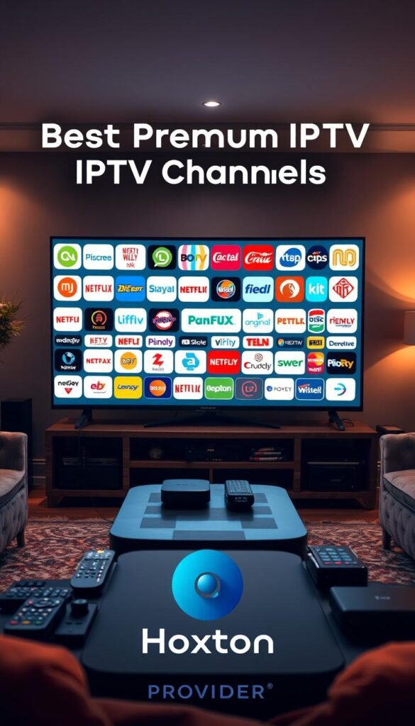 A high-quality cinematic image showcasing the "Best Premium IPTV Channels" with the Hoxtoon Provider brand prominently displayed. The foreground features a sleek, modern TV displaying a diverse array of premium channel logos, while the background depicts a cozy living room setting with plush furniture, warm lighting, and a sense of relaxation and entertainment. The middle ground includes various remote controls, streaming devices, and other accessories associated with a premium IPTV service. The overall composition conveys a luxurious and immersive home entertainment experience, with a focus on the extensive channel selection and the Hoxtoon Provider brand as a premium IPTV solution.