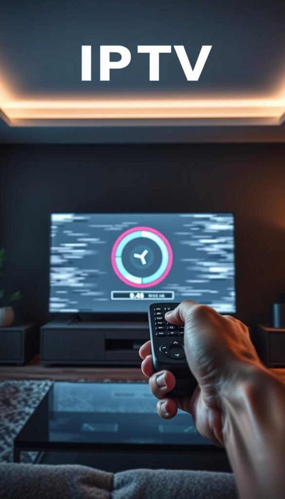 A high-quality cinematic render of a living room with a smart TV screen displaying an IPTV buffering spinner, the screen frozen and glitching. In the foreground, a person's hand holding a remote control, expressing frustration. The room is dimly lit, creating a moody atmosphere. The Hoxtoon Provider logo is subtly visible on the TV screen. The camera angle is low, giving a sense of the viewer's perspective. The image conveys the common causes of IPTV buffering problems, such as network issues or poor internet connection. A high-quality cinematic render of a living room with a smart TV screen displaying an IPTV buffering spinner, the screen frozen and glitching. In the foreground, a person's hand holding a remote control, expressing frustration. The room is dimly lit, creating a moody atmosphere. The Hoxtoon Provider logo is subtly visible on the TV screen. The camera angle is low, giving a sense of the viewer's perspective. The image conveys the common causes of IPTV buffering problems, such as network issues or poor internet connection.