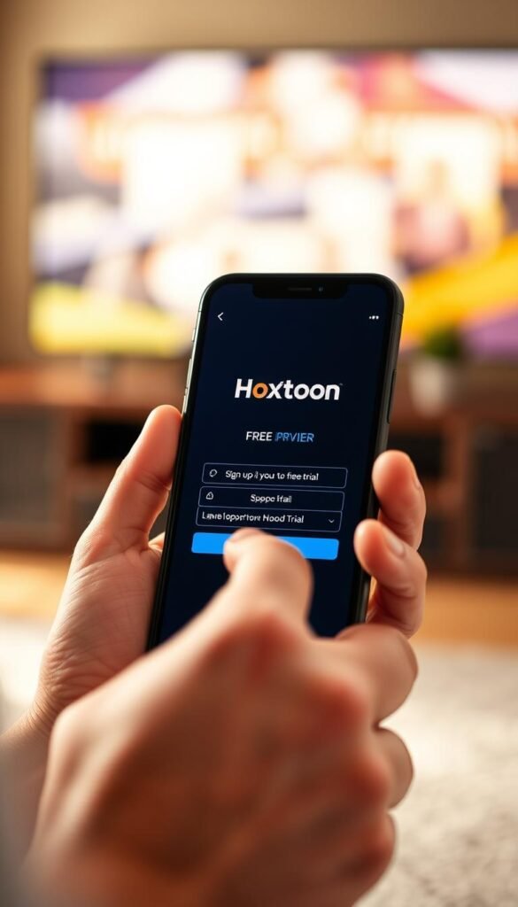 A high-quality close-up shot of a person's hands interacting with a smartphone screen, showcasing the process of accessing a free IPTV trial from the Hoxtoon Provider. The smartphone's screen displays the Hoxtoon Provider logo and user interface, guiding the viewer through the steps to sign up for the free trial. The image is lit with warm, natural lighting, creating a welcoming and informative atmosphere. The composition emphasizes the ease and simplicity of the process, inviting the viewer to explore the Hoxtoon IPTV free trial opportunity.