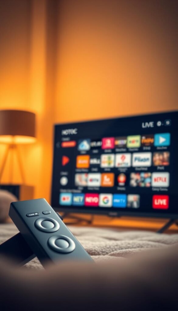 A high-quality, close-up view of a Hoxtoon Provider IPTV Premium APK displayed on a Firestick device. The screen shows a sleek, modern interface with intuitive navigation and a vast selection of live TV channels, movies, and on-demand content. The device is positioned in the foreground, illuminated by warm, natural lighting that creates a cozy, inviting atmosphere. The background blurs softly, keeping the focus on the IPTV app and the Firestick hardware. The overall scene conveys a sense of convenience, entertainment, and endless streaming possibilities.