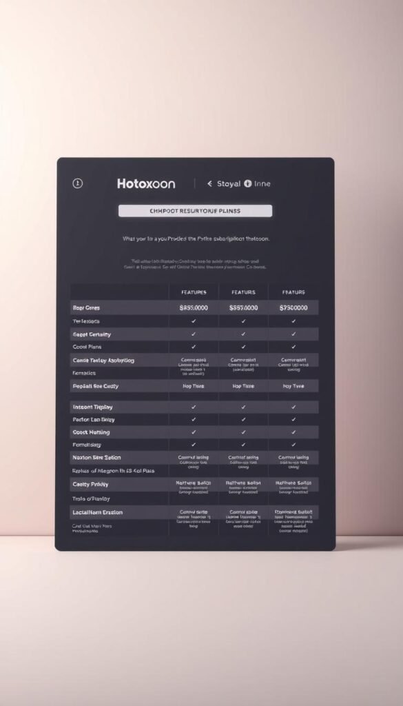 A high-quality comparative table showcasing the diverse Hoxtoon Provider subscription plans, presented against a sleek and sophisticated backdrop. The foreground features an elegant grid layout highlighting the key features, pricing, and benefits of each plan, rendered in a clean and modern typographic style. The middle ground incorporates subtle brand elements, such as the Hoxtoon logo, to reinforce the provider's identity. The background depicts a soft, blurred gradient in a muted color palette, creating a sense of depth and visual harmony. The overall composition strikes a balance between informative clarity and aesthetic appeal, inviting the viewer to explore the Hoxtoon subscription options.