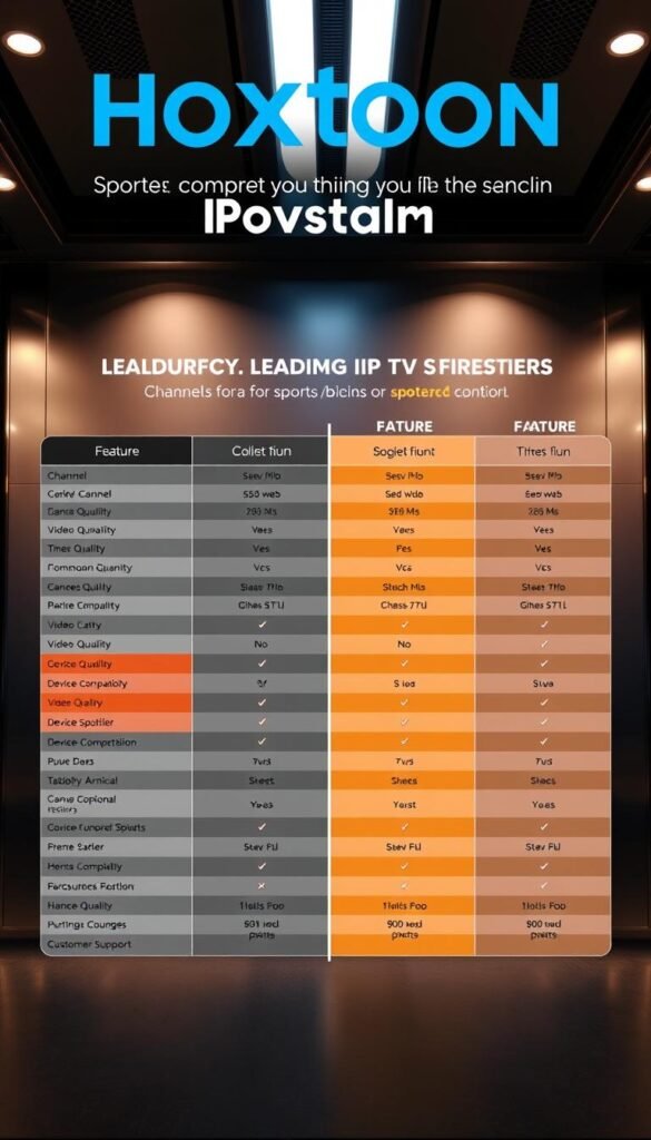 A high-quality comparison chart showcasing the Hoxtoon Provider against other leading IPTV services for sports content on Firestick. The chart is rendered in a sleek, minimalist style with clean typography and vibrant colors. It features detailed side-by-side feature comparisons across key metrics such as channel selection, video quality, device compatibility, pricing, and customer support. The chart is set against a backdrop of a modern, tech-savvy interior with metallic accents, providing a professional and authoritative visual representation of the IPTV provider landscape. Lighting is soft and diffused, creating a sense of clarity and emphasis on the comparative information. The overall composition strikes a balance between analytical precision and stylistic appeal.