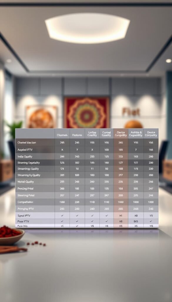 A high-quality comparison chart showcasing the features and capabilities of the Hoxtoon Provider Indian IPTV service alongside its leading competitors. The scene is set in a modern, minimalist office environment with clean lines and neutral tones. Prominent in the foreground is the comparison chart, its columns and rows displaying key data points such as channel selection, streaming quality, device compatibility, and pricing. The chart is illuminated by soft, diffused lighting, creating depth and dimensionality. In the background, blurred but visible, are various Indian cultural elements like traditional fabrics, spices, and architectural details, subtly reinforcing the regional focus. The overall mood is informative and authoritative, guiding the viewer through a side-by-side assessment of the top Indian IPTV providers.