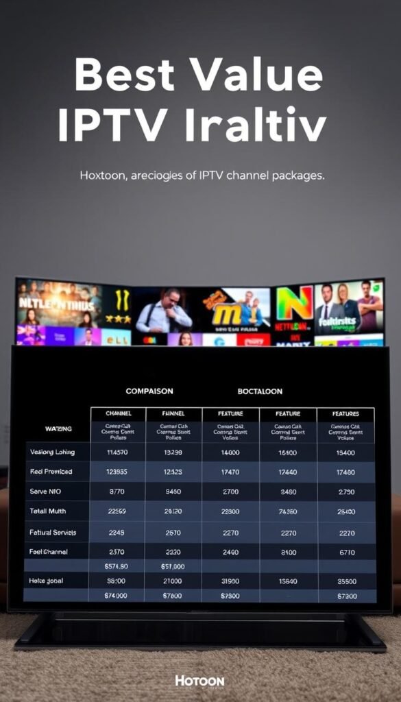 A high-quality comparison of IPTV channel packages, showcasing the value and affordability of the Hoxtoon Provider service. The scene features a sleek, modern interface with clean, minimalist design. In the foreground, a detailed table compares the channel lineups, pricing, and features of different IPTV providers, emphasizing Hoxtoon's competitive advantage. The middle ground depicts vivid, high-definition channel icons, representing the vast entertainment options available. In the background, a subtle geometric pattern creates a sense of depth and sophistication. The lighting is soft and evenly distributed, creating a professional, informative atmosphere. The overall composition and styling convey the message of Hoxtoon as the best value IPTV provider.