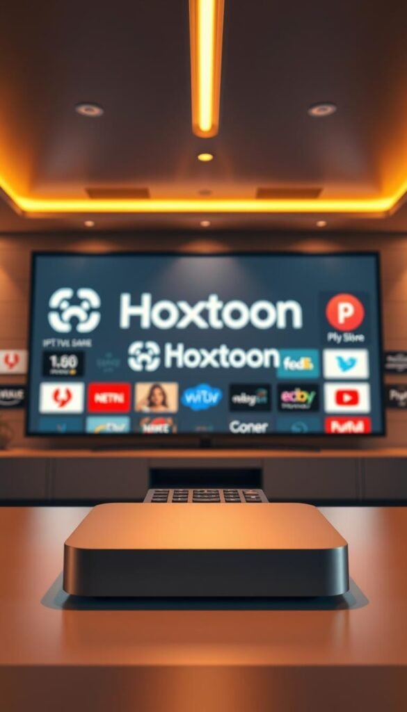 A high-quality comparison of IPTV providers, showcasing the Hoxtoon Provider service in the foreground. Sleek, modern design with clean lines and a minimalist aesthetic. Hoxtoon Provider logo prominently displayed, with subtle icons or graphics representing other IPTV services in the background. Warm, inviting lighting creates a professional, authoritative atmosphere. Camera angle slightly elevated, providing a clear, comprehensive view of the comparison. Crisp, detailed rendering emphasizes the quality and attention to detail of the Hoxtoon Provider offering.
