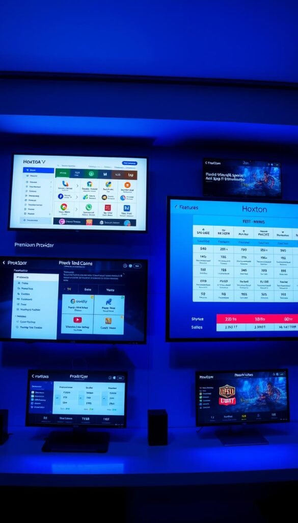 A high-quality comparison of premium IPTV sports providers, showcasing the Hoxtoon Provider alongside its competitors. A sleek, modern interface displayed on multiple screens, highlighting key features and pricing plans. The scene is bathed in cool, blue lighting, creating a professional, technology-driven atmosphere. The layout is clean and visually appealing, with subtle brand logos and icons. The overall impression is one of a comprehensive, well-researched comparison that empowers the viewer to make an informed decision about the best IPTV premium sports provider.