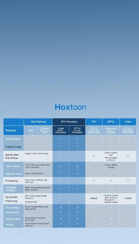 A high-quality comparison table showcasing the features and benefits of the Hoxtoon Provider IPTV service alongside other leading IPTV providers. The image is set against a clean, minimalist background, with a sophisticated color palette of blues, grays, and whites. In the foreground, a meticulously detailed comparison grid, featuring icons and clear, concise data points that highlight the unique selling points of Hoxtoon Provider. The middle ground showcases a prominent Hoxtoon Provider logo, subtly integrated into the design. The overall composition conveys a sense of professionalism, authority, and data-driven decision making, creating a visually compelling and informative resource for the article's readers.