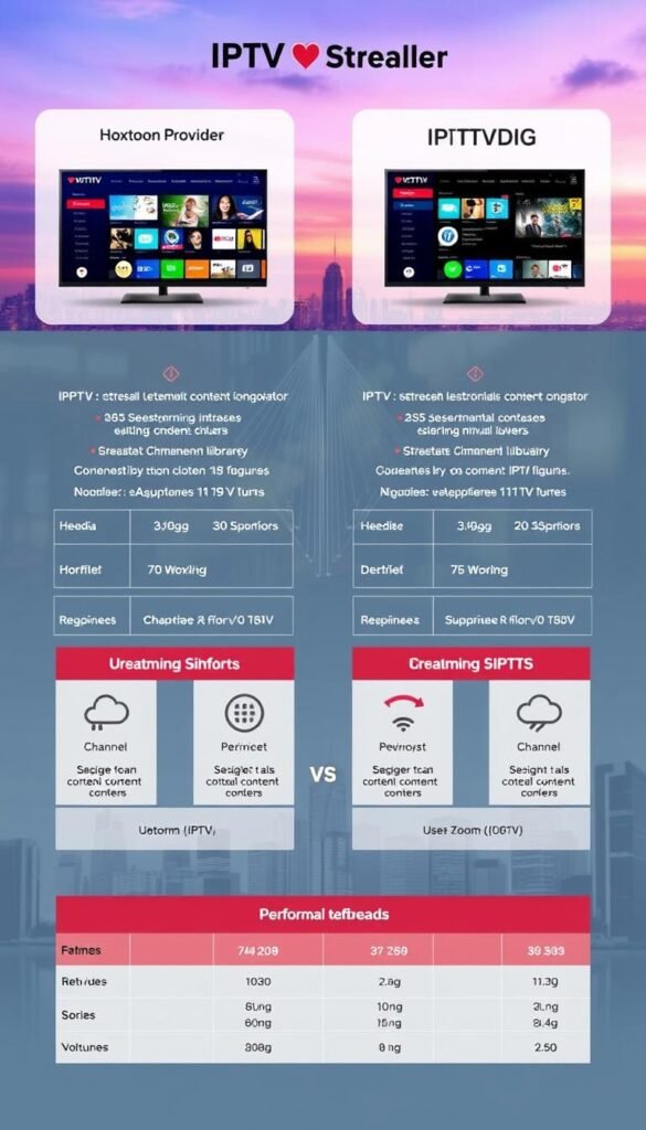 A high-quality, crisp digital illustration depicting a side-by-side comparison of two IPTV service providers, Hoxtoon Provider and IPTVDIGI. The foreground showcases sleek, modern interface designs for both platforms, highlighting their streaming content libraries, channel lineups, and user-friendly features. The middle ground presents detailed performance metrics, connection speeds, and subscription plan comparisons. The background displays a cityscape skyline, conveying the global reach and accessibility of these IPTV services. The overall mood is informative, professional, and visually engaging, suitable for inclusion in a technology-focused article.