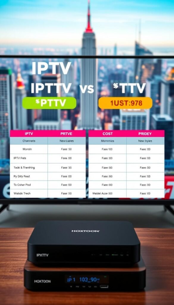 A high-quality, detailed comparison of IPTV and cable TV services. In the foreground, a sleek Hoxtoon Provider IPTV set-top box and a traditional cable TV box sit side-by-side, showcasing their distinctive designs. In the middle ground, neatly arranged pricing tables highlight the cost-benefit analysis, with IPTV offering more affordable monthly rates and a wider selection of channels. The background features a futuristic cityscape, hinting at the technological advancements that have led to the rise of IPTV as a premium streaming alternative to traditional cable. The lighting is clean and bright, with a sense of modernity and progress, emphasizing the superior value proposition of IPTV over traditional cable TV.